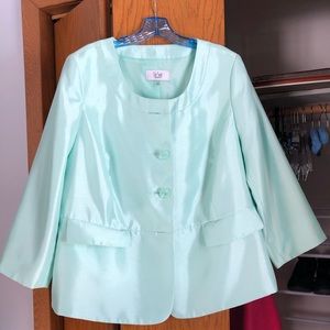Le Suit collarless mint green skirt suit